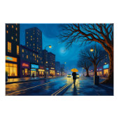 Draaiend nachtelijk stadsgezicht met gele paraplu perfect poster (Voorkant)