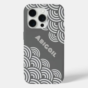 Draaiende Cirkels en Naam in Wit op Grijs iPhone 15 Pro Case