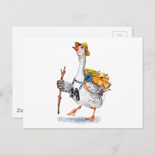 Draaiende gans met rugzak en Binocles Briefkaart (Voorkant / Achterkant)