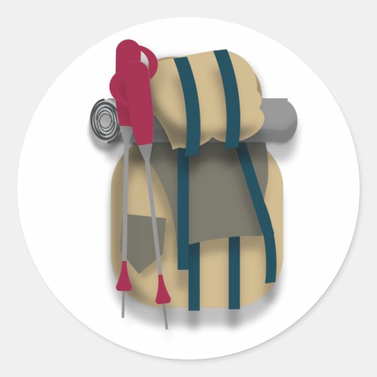 Draaiende rugzak, slaapstoel en wandelende sticks ronde sticker (Voorkant)