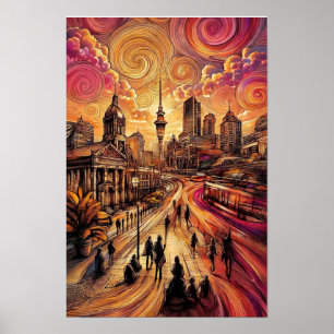 Draaiende Zonsondergang Stad - Auckland Sky Tower Poster