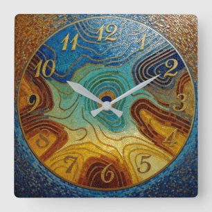 Draaikolk Mozaïek Wandklok Blauw Teal Cyaan Goud