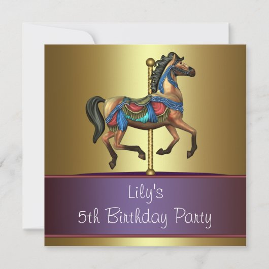 Draaimolen Pony Meisjes 5e Verjaardagsfeestje Kaart (Voorkant)