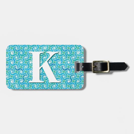 Draaipatroon, turquoise, met monogram bagagelabel (Voorkant horizontaal)