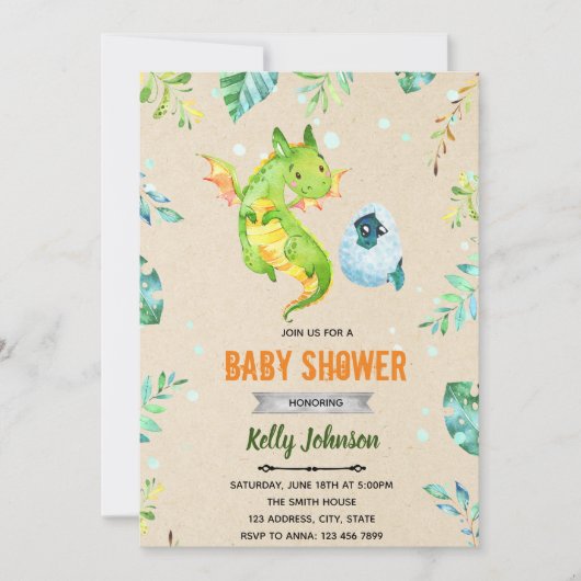 Draak babyshower thema uitnodiging (Voorkant)