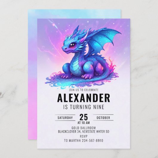 Draak Blauw Roze Verjaardagsfeest Kaart (Voorkant / Achterkant)