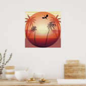 Draak boven tropisch eiland bij zonsondergang poster (Keuken)