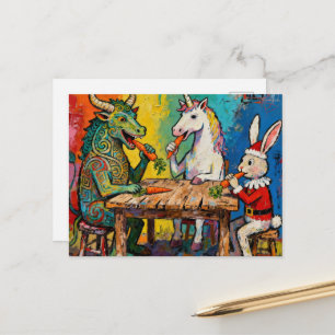 Draak, Eenhoorn en Kerstman Konijn Eten Wortels Briefkaart
