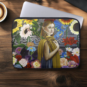 Draak Elf Meisje Betoverde Bloementuin Fantasie Laptop Sleeve