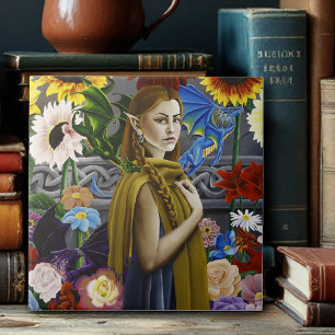 Draak Elf Meisje Betoverde Bloementuin Fantasie Tegeltje
