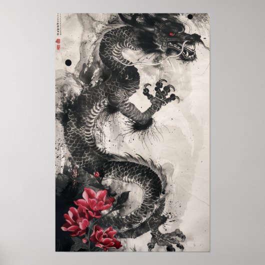 Draak en bloemen Traditionele Japanse Art Brush Poster (Voorkant)