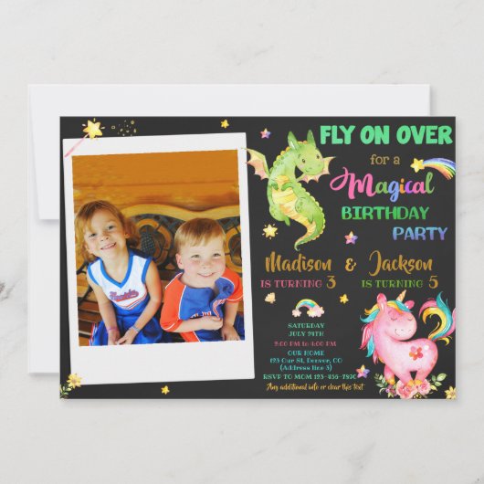 Draak en eenhoorn verjaardagsuitnodiging jongen &  kaart (Voorkant)