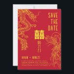 Draak en Fenghuang Save the Date Kaart<br><div class="desc">Een unieke save-the-datekaart met een draak en Fenghuang-stijl in goud op een rode achtergrond.

Het patroon op de achterkant kan worden verwijderd en vervangen door een foto van het toekomstige paar.</div>