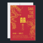 Draak en Fenghuang Save the Date Kaart<br><div class="desc">Een unieke save-the-datekaart met een draak en Fenghuang-stijl in goud op een rode achtergrond.

Het patroon op de achterkant kan worden verwijderd en vervangen door een foto van het toekomstige paar.</div>