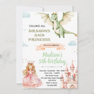 Draak en prinses verjaardagsfeest uitnodiging