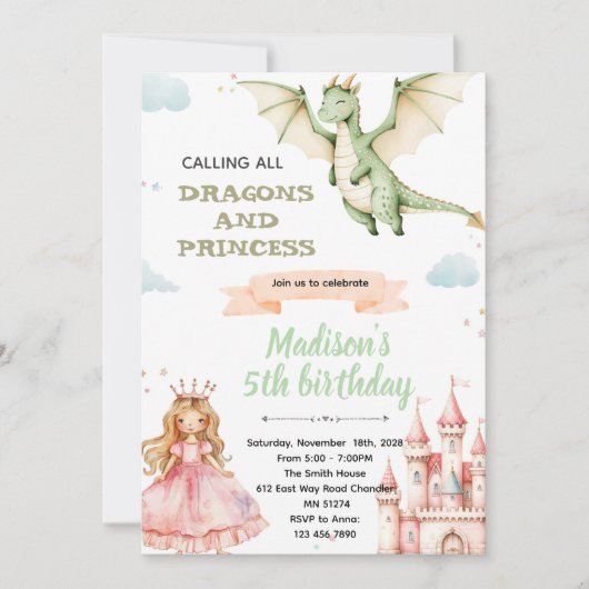 Draak en prinses verjaardagsfeest uitnodiging (Voorkant)