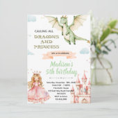 Draak en prinses verjaardagsfeest uitnodiging (Staand voorkant)