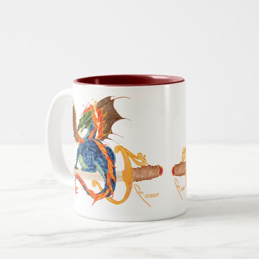 draak en zwaard tweekleurige koffiemok (Voorkant links)