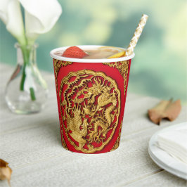 Draak Fenix Rood Goud Chinese Huwelijk Papieren Bekers