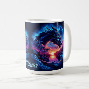 Draak gesilhouet tegen een levendige zonsondergang koffiemok