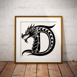 Draak gestileerde letter D, drakenalfabet, monogra Poster