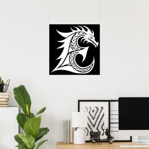 Draak gestileerde letter E, drakenalfabet, monogra Poster