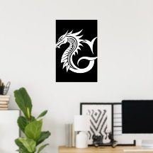 Draak gestileerde letter G, drakenalfabet, monogra