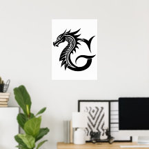 Draak gestileerde letter G, drakenalfabet, monogra