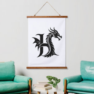 Draak gestileerde letter H, drakenalfabet, monogra Hangend Wandkleed