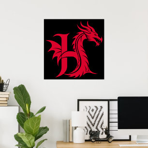 Draak gestileerde letter H, drakenalfabet, monogra Poster