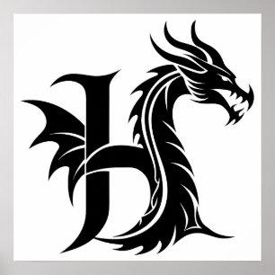 Draak gestileerde letter H, drakenalfabet, monogra Poster
