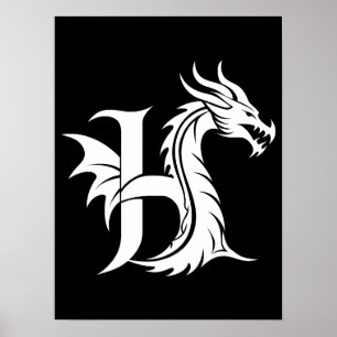Draak gestileerde letter H, drakenalfabet, monogra Poster