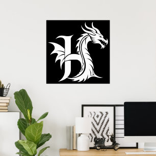 Draak gestileerde letter H, drakenalfabet, monogra Poster