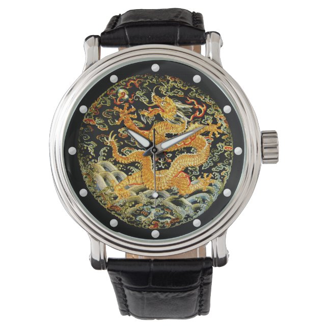 Draak gouden Chinese Qing dynastie borduurwerk Horloge (Voorkant)