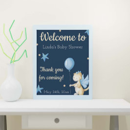 Draak met ballon jongen baby shower welkom poster