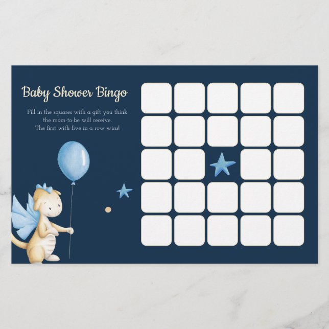 Draak met ballonblauwe Baby shower Bingo Kaart (Voorkant)