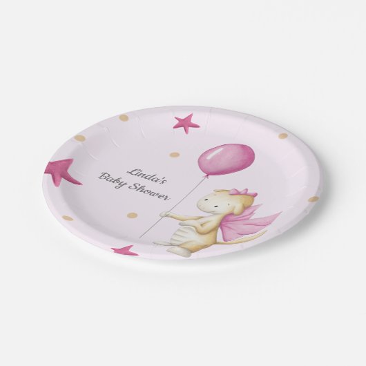 Draak met ballonlichtroze Baby shower Papieren Bordje (Gekanteld)