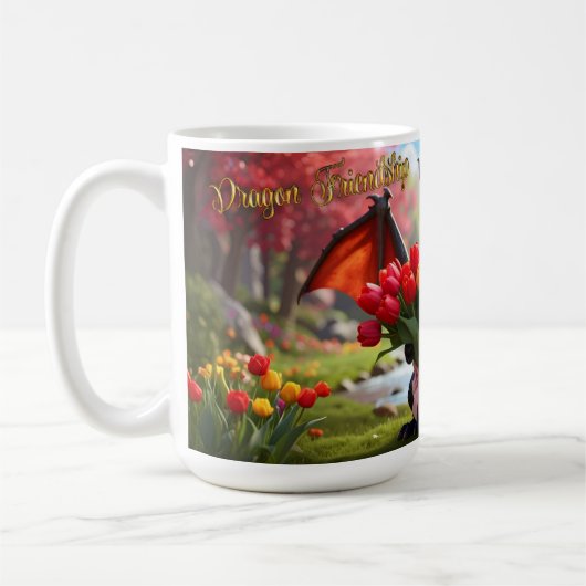 Draak met rode tulpen. 15-ounce mok (Links)