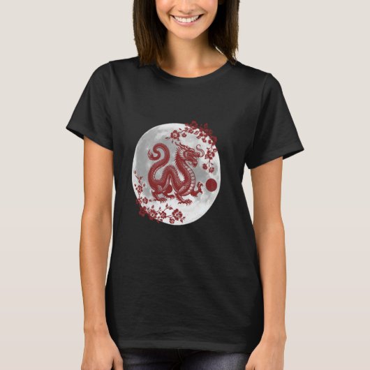 Draak met Sakura en volle maan T-shirt (Voorkant)
