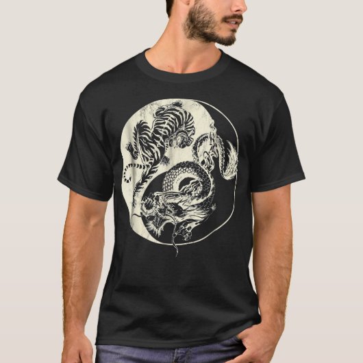 Draak met tijger Tattoo YIN en Yang Beast Fight T-shirt (Voorkant)