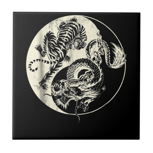 Draak met tijger Tattoo YIN en Yang Beast Fight Tegeltje (Voorkant)