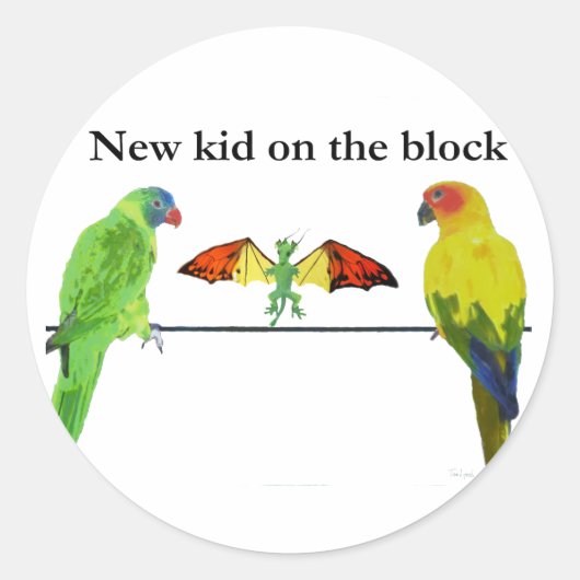 Draak met vogels ronde sticker (Voorkant)