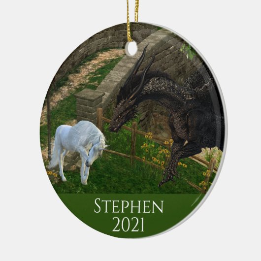 Draak Ontmoet Eenhorn Fantasy Keramisch Ornament (Links)