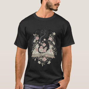 Draak op open boek bloemrijke bibliotheek fantasie t-shirt