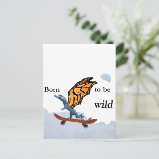 Draak op skateboard briefkaart (Staand voorkant)