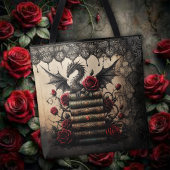 Draak op stapel boeken met rozen tote bag