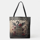 Draak op stapel boeken met rozen tote bag (Voorkant)