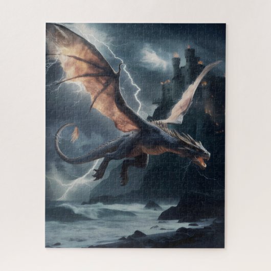Draak over het kasteel. legpuzzel (Verticaal)