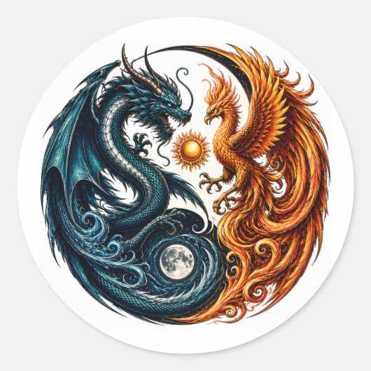 Draak & Phoenix Yin Yang Ronde Sticker (Voorkant)