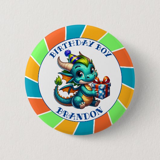 Draak Thema Verjaardagsjongen Ronde Button 5,7 Cm (Voorkant)